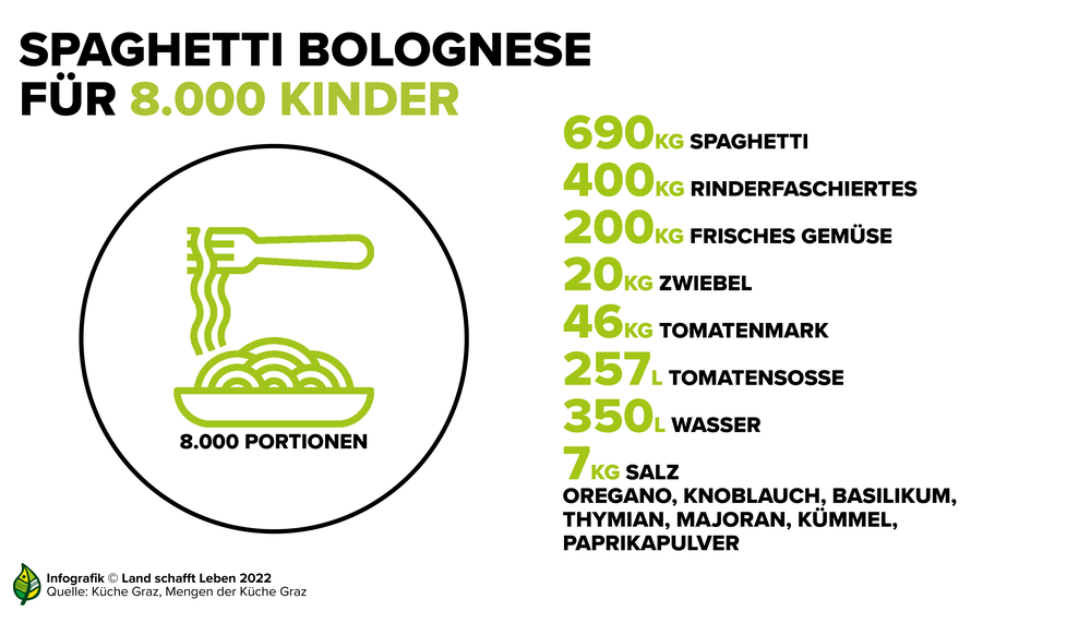 Infografik zu den Zutatenmengen für 8000 Kinderportionen Spaghetti Bolognese | © Land schafft Leben
