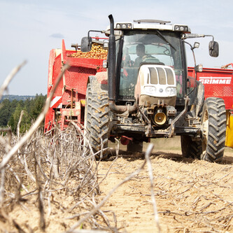 Traktor fährt auf ausgetrocknetem Feld | © Land schafft Leben