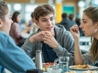 Schueler und Schuelerinnen essen in der Schule