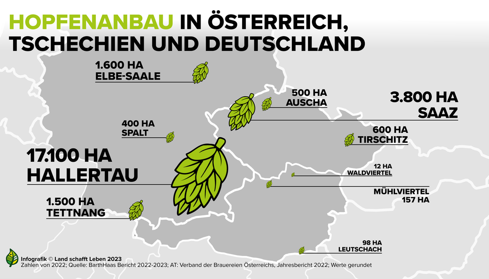 Infografik zu Hopfenanbau in Österreich, Tschechien und Deutschland | © Land schafft Leben