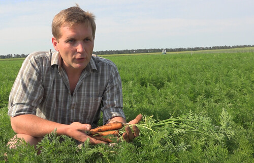 Mann sitzt in Karottenfeld und redet | © Land schafft Leben