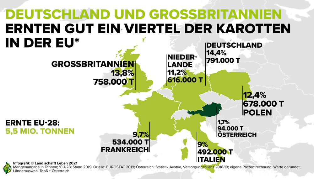 Infografik zu den Ländern mit der größten Karottenernte in der EU | © Land schafft Leben