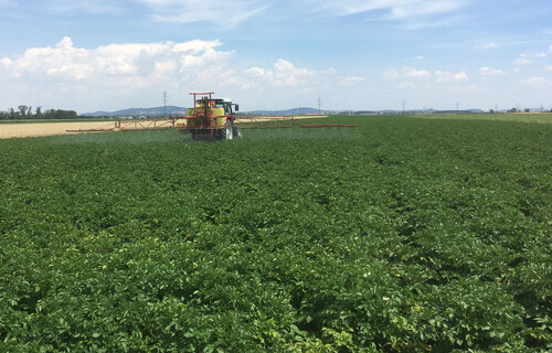 Traktor sprüht Pflanzenschutz auf Kartoffelfeld | © Land schafft Leben