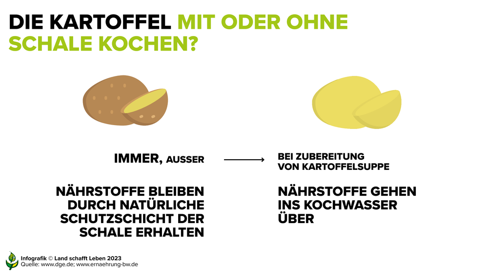 Infografik dazu, dass man Kartoffeln immer mit Schale kochen soll, außer wenn man Kartoffelsuppe macht | © Land schafft Leben