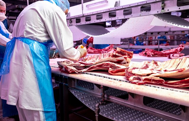 Schlachtbetrieb-Mitarbeiter zerlegt Rindfleisch | © Land schafft Leben