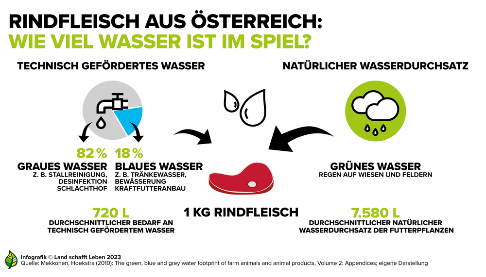 Infografik zum Wasseranteil an der Rindfleischproduktion in Österreich | © Land schafft Leben