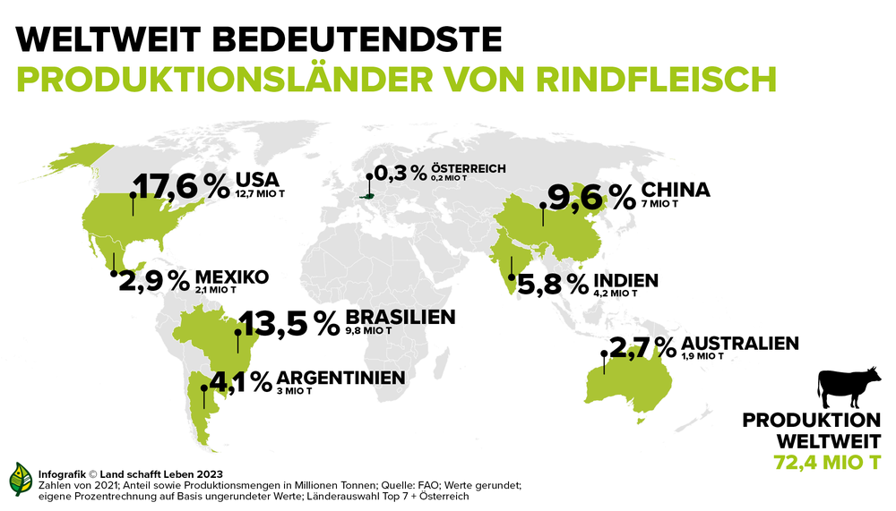 Infografik zu den bedeutendsten Produktionsländern von Rindfleisch weltweit | © Land schafft Leben