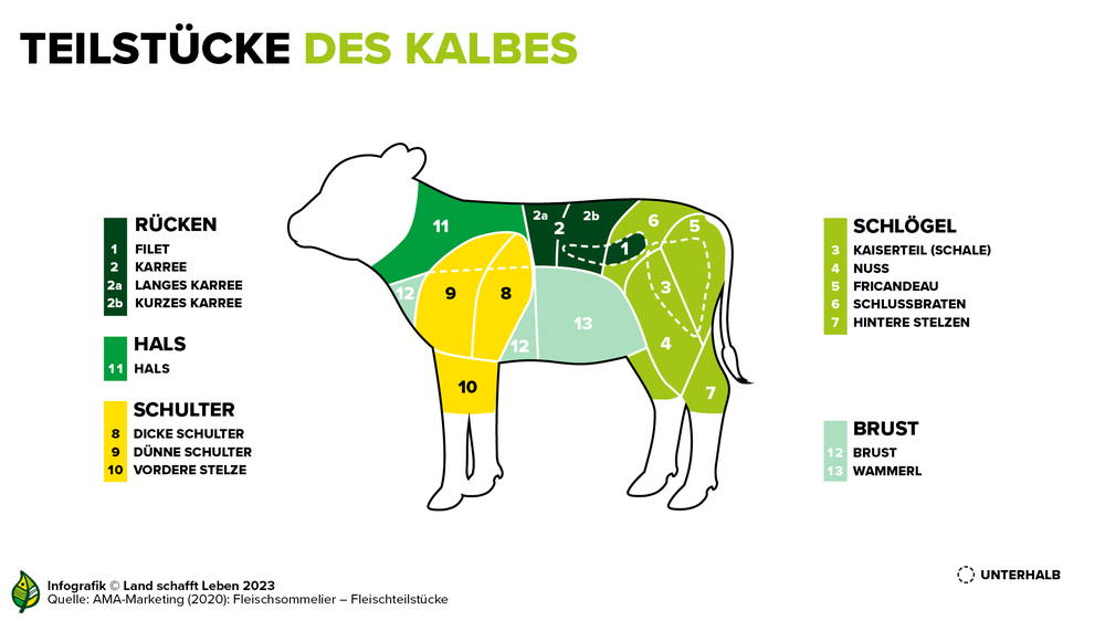 Infografik zu den Teilstücken des Kalbs | © Land schafft Leben