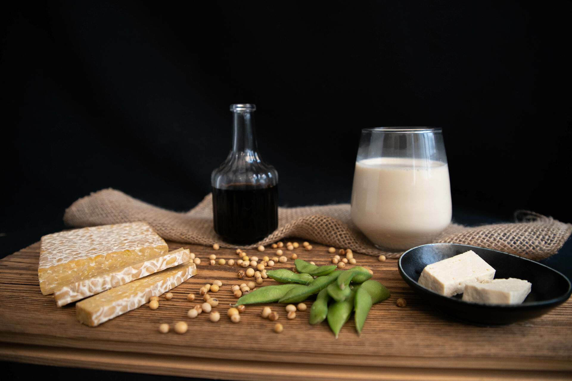 Sojaprodukte | © Land schafft Leben unterschiedliche Sojaprodukte wie Tempeh, Sojasauce, Tofu, Edamame und Sojadrink | © Land schafft Leben