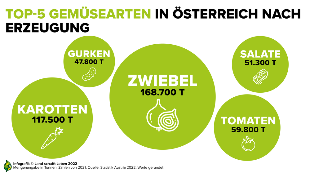 Infografik zu den Top-5 Gemüsesorten nach Erzeugung in Österreich | © Land schafft Leben